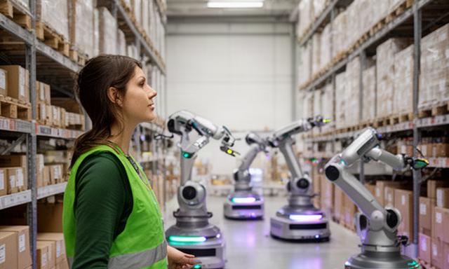 Operaria supervisando robots de picking en un centro logístico andaluz