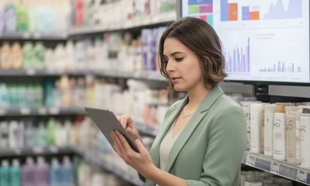 Responsable de tienda revisando un panel de demanda junto a estanterías de retail