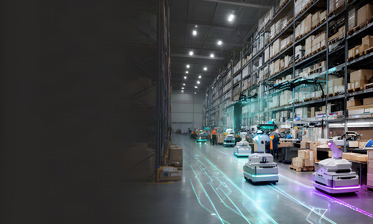 Almacén logístico moderno con robots de picking y rutas de transporte trazadas sobre el suelo