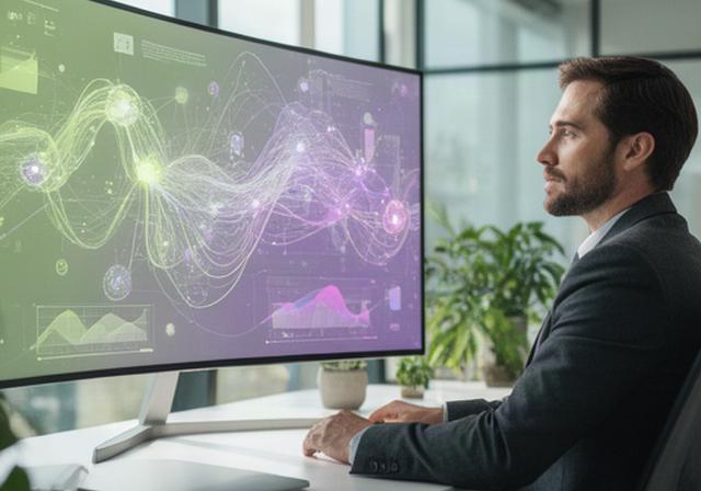 Analista observando una pantalla con redes neuronales y gráficos de negocio en una oficina luminosa